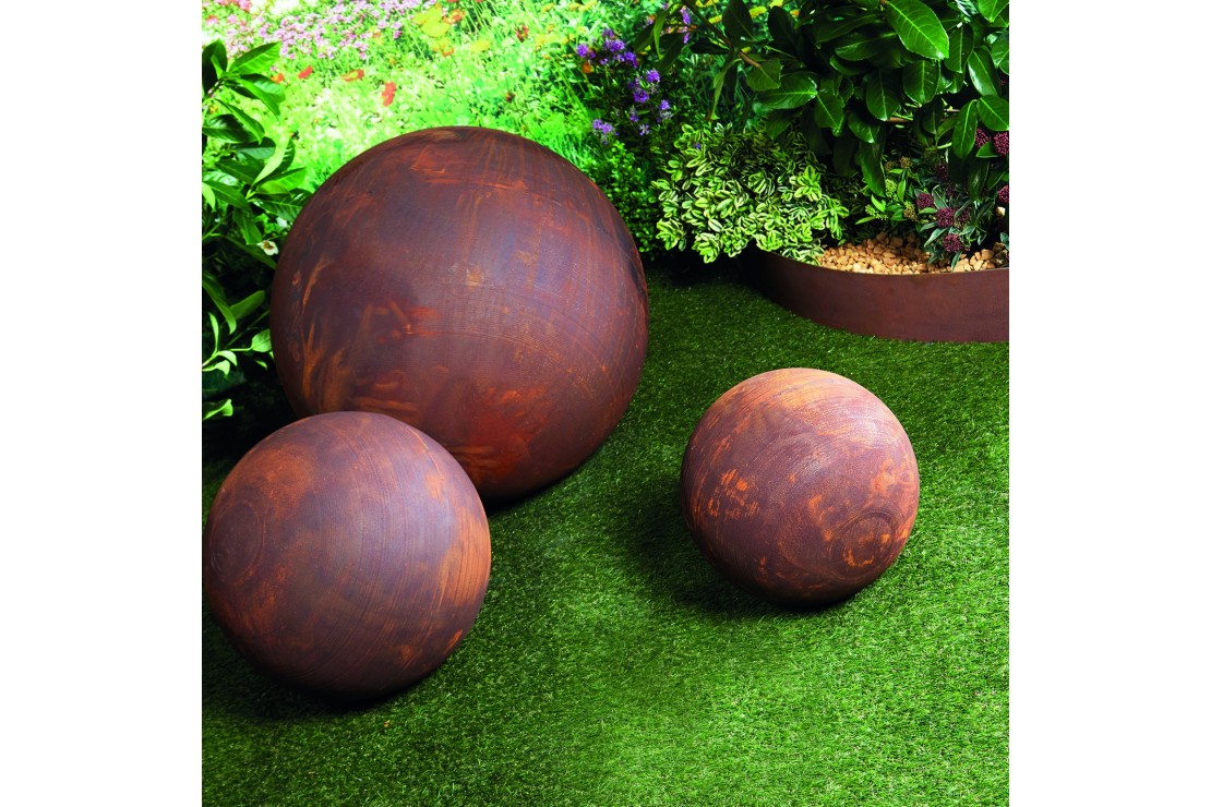 Boule deco jardin métal rouillé ajouré - sphère acier corten | JARDINEX